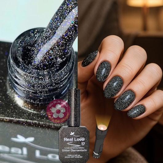 Ultra Refletivo Esmalte em gel Preto Holográfico 10ml Real Love 17 para unhas
